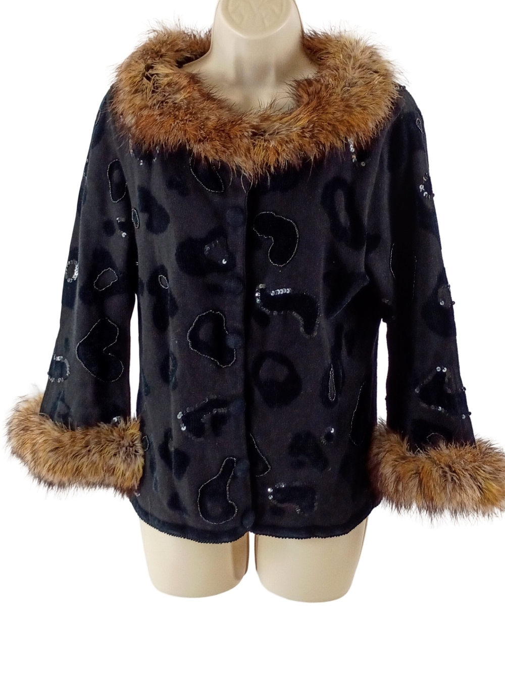 Berek Black Cardigan with Brown Faux Fur Trim Embellished With Beads And Sequins